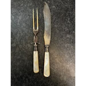 Antique Meriden Cutlery Co. Carving Set MOP Handle Knife Fork Silver Ferrule